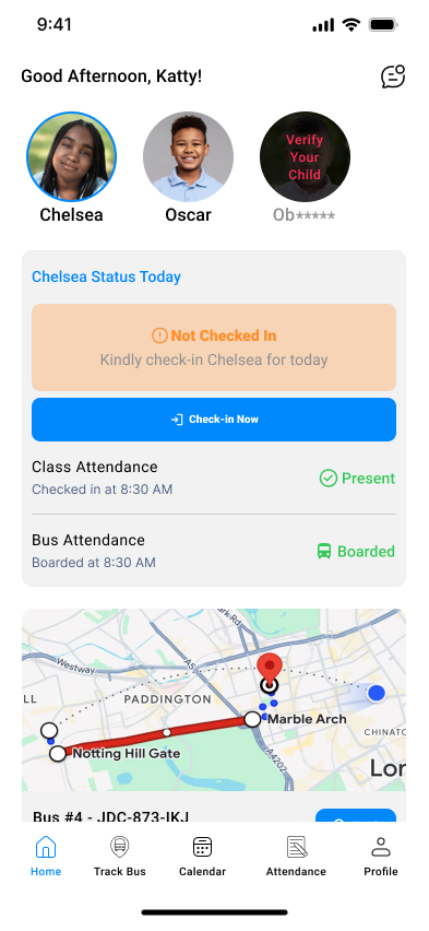 EduPulse Parent app Home screen, showing today's attendance status and live bus tracking