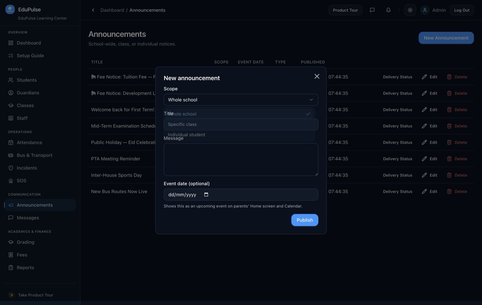 Announcements & Direct Parent Messaging
